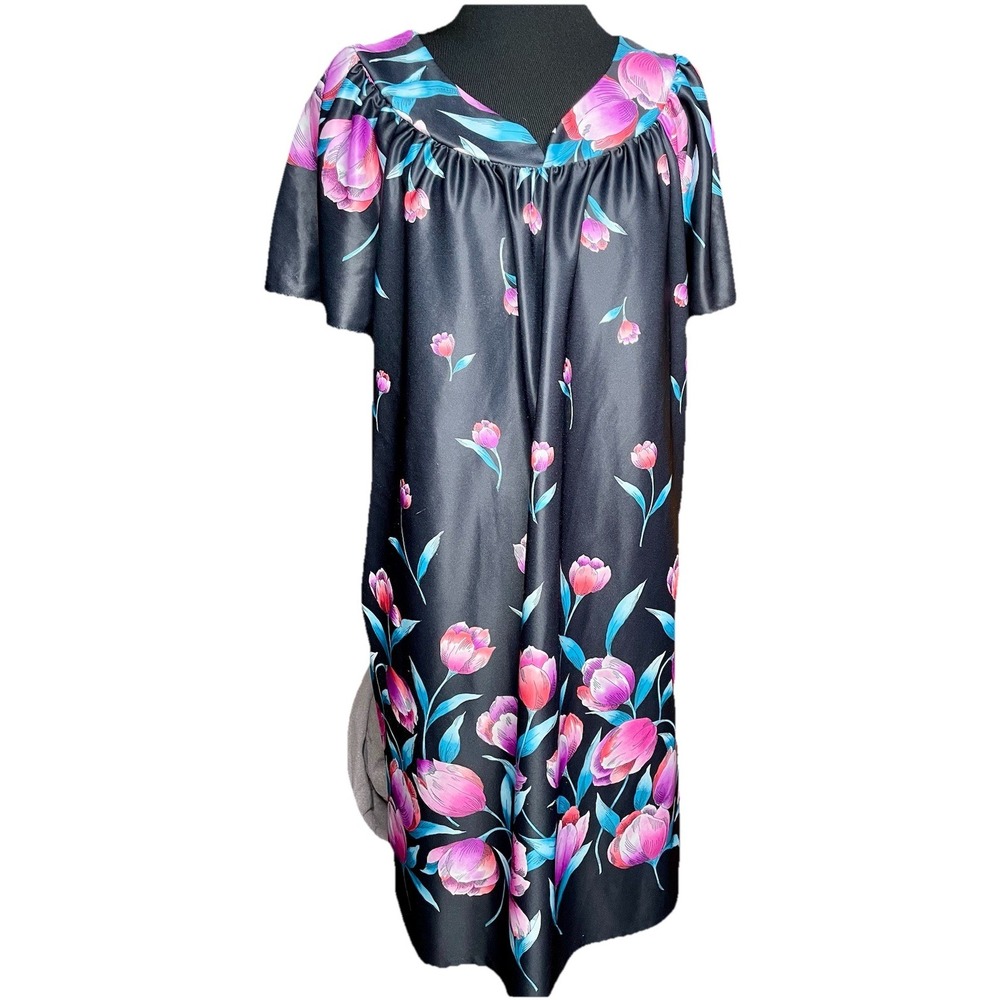 Granada House Dress Kaftan Black Floral S Mrs Roper Caftan Mumu Nightie